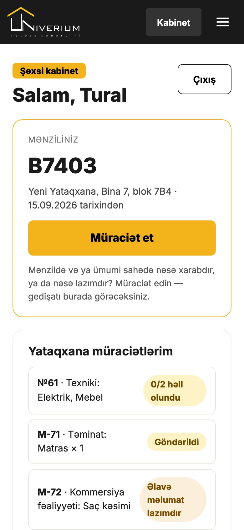 Mənziliniz kartı və Müraciət et düyməsi