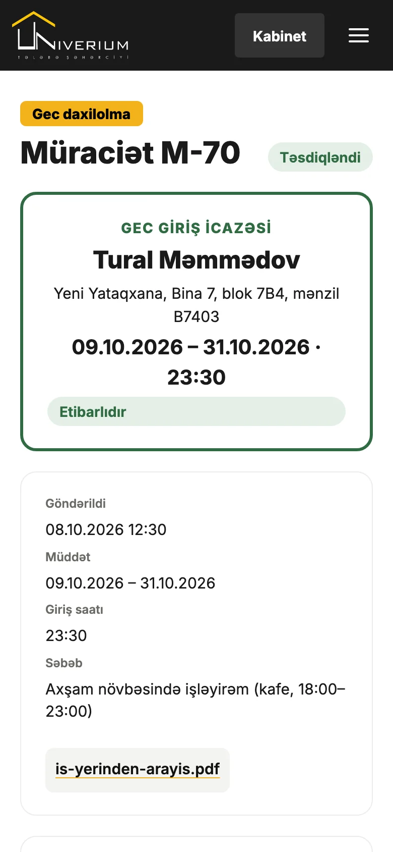 Gec giriş icazəsi kartı: ad, mənzil, tarixlər, saat, Etibarlıdır